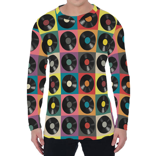Vintage Vinyl Records Pattern Print Men's Long Sleeve T-Shirt