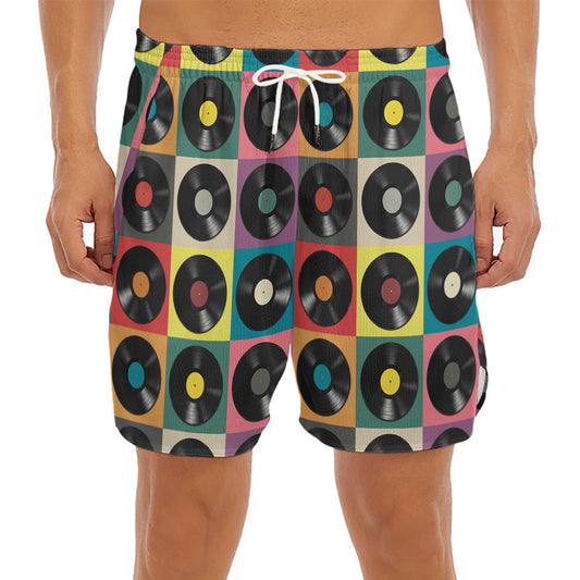 Vintage Vinyl Records Pattern Print Men's Split Running Shorts