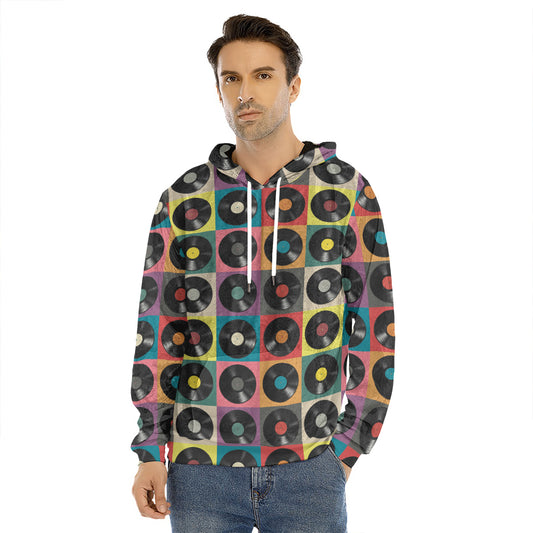 Vintage Vinyl Records Pattern Print Men's Velvet Pullover Hoodie