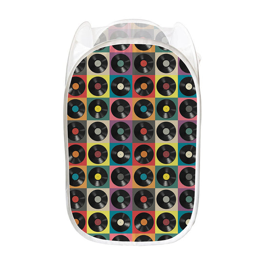 Vintage Vinyl Records Pattern Print Mesh Laundry Hamper