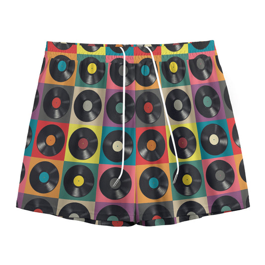 Vintage Vinyl Records Pattern Print Mesh Shorts
