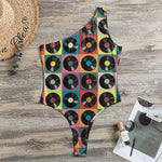Vintage Vinyl Records Pattern Print One Shoulder Bodysuit