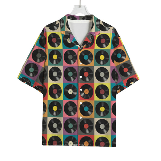 Vintage Vinyl Records Pattern Print Rayon Hawaiian Shirt