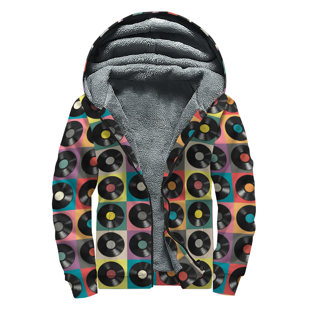 Vintage Vinyl Records Pattern Print Sherpa Lined Zip Up Hoodie