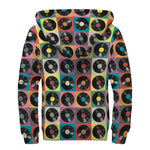 Vintage Vinyl Records Pattern Print Sherpa Lined Zip Up Hoodie