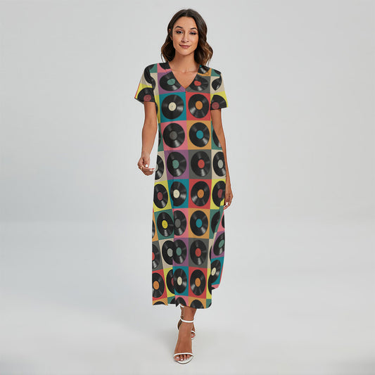 Vintage Vinyl Records Pattern Print Short Sleeve Maxi Dress