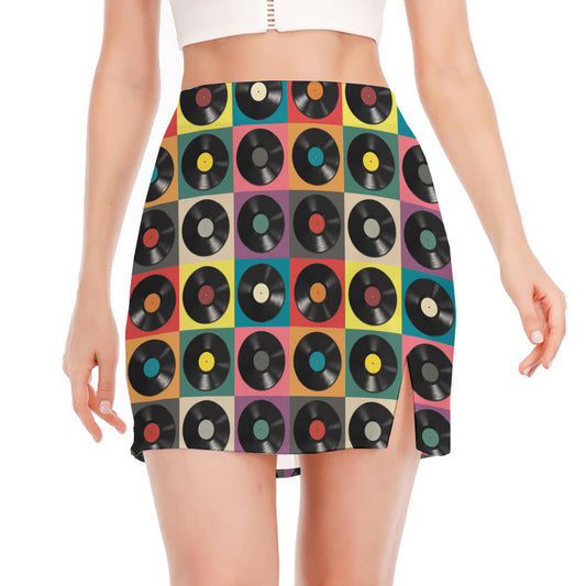 Vintage Vinyl Records Pattern Print Side Slit Mini Skirt