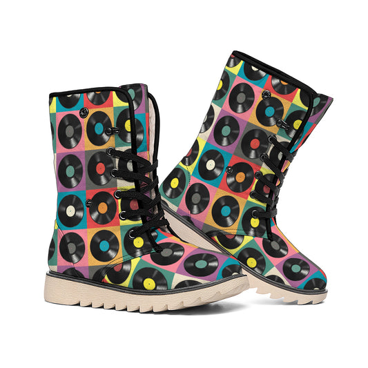 Vintage Vinyl Records Pattern Print Winter Boots