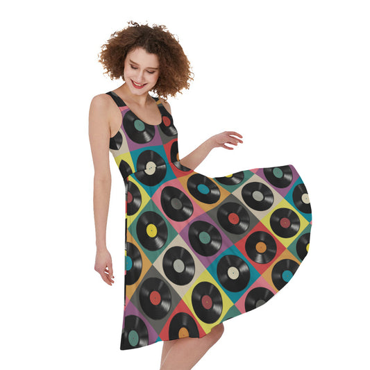 Vintage Vinyl Records Pattern Print Women's Sleeveless Dress