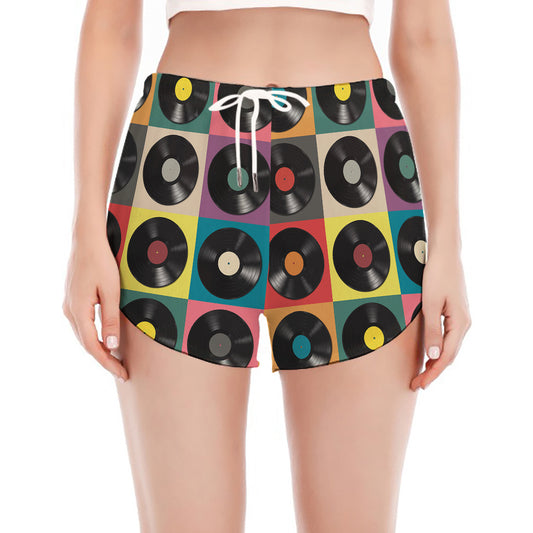 Vintage Vinyl Records Pattern Print Women's Split Running Shorts