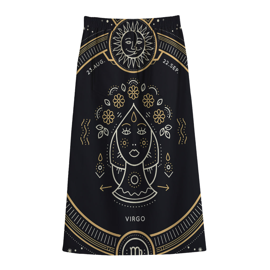 Vintage Virgo Zodiac Sign Print Cotton Front Slit Maxi Skirt