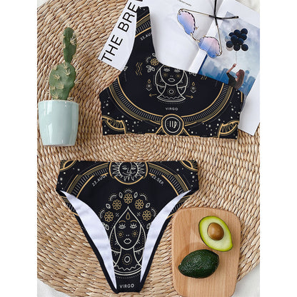 Vintage Virgo Zodiac Sign Print One Shoulder Bikini Top