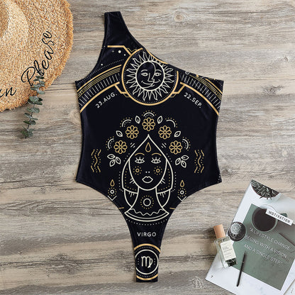 Vintage Virgo Zodiac Sign Print One Shoulder Bodysuit