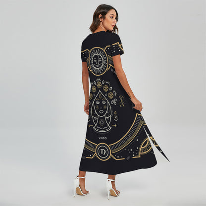 Vintage Virgo Zodiac Sign Print Short Sleeve Maxi Dress