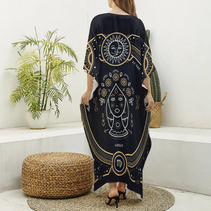 Vintage Virgo Zodiac Sign Print Silk V-Neck Kaftan Dress