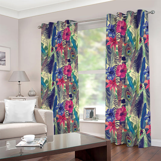 Vintage Watercolor Feather Print Blackout Grommet Curtains