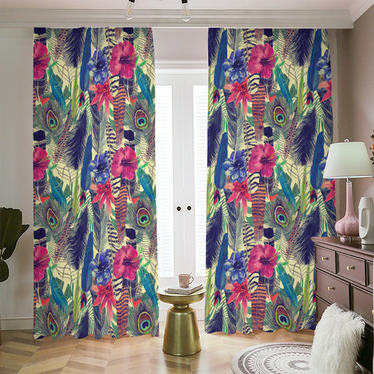 Vintage Watercolor Feather Print Blackout Pencil Pleat Curtains