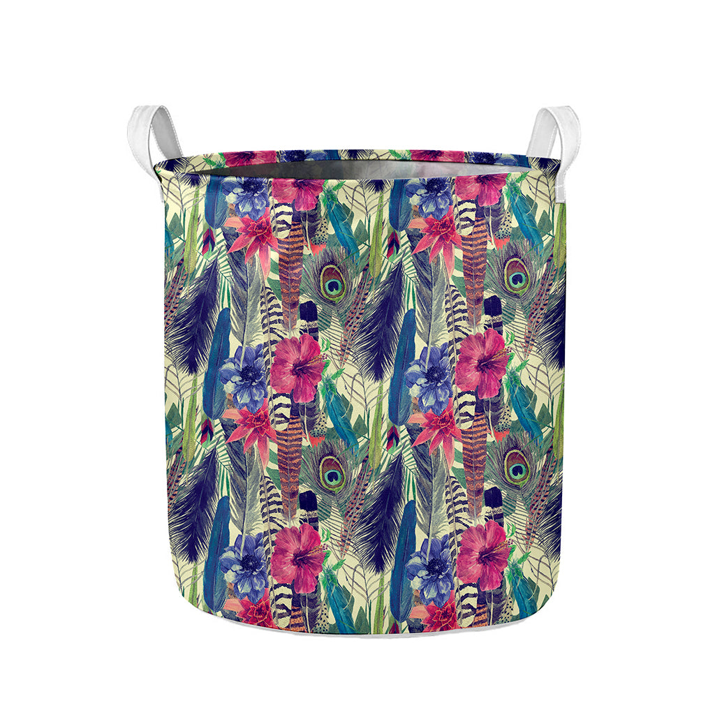 Vintage Watercolor Feather Print Collapsible Laundry Basket