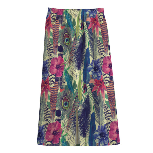 Vintage Watercolor Feather Print Cotton Front Slit Maxi Skirt