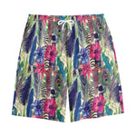 Vintage Watercolor Feather Print Cotton Shorts