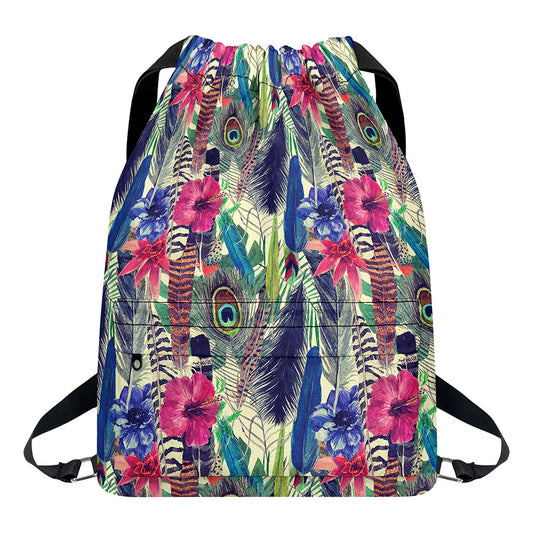 Vintage Watercolor Feather Print Drawstring Backpack