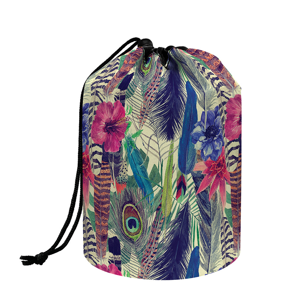 Vintage Watercolor Feather Print Drawstring Makeup Bag