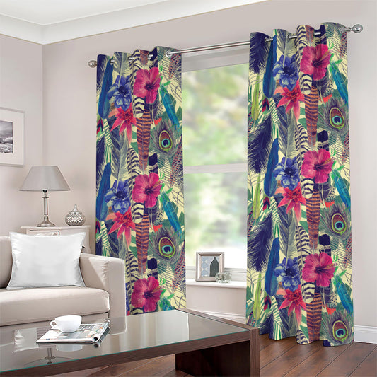 Vintage Watercolor Feather Print Grommet Curtains