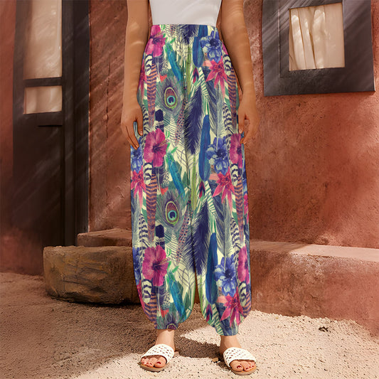 Vintage Watercolor Feather Print Harem Pants