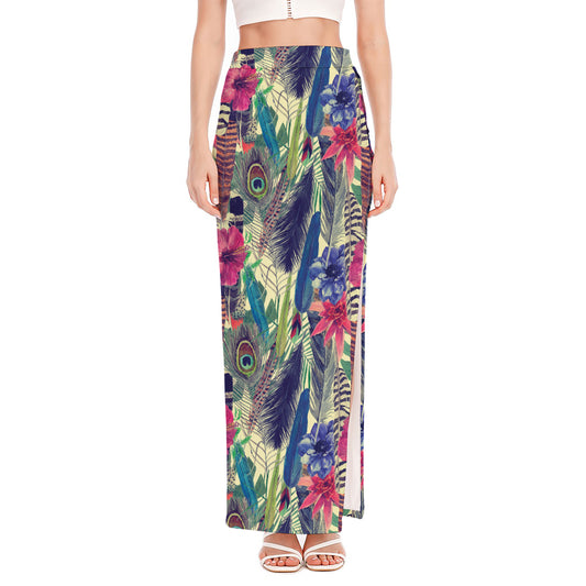 Vintage Watercolor Feather Print High Slit Maxi Skirt