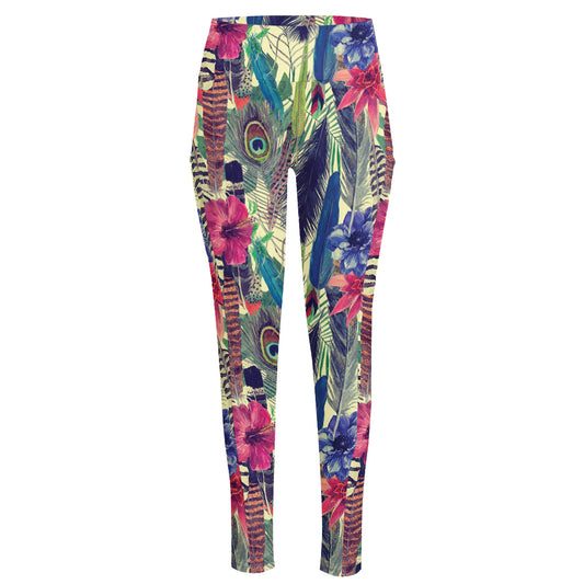 Vintage Watercolor Feather Print High-Waisted Pocket Leggings