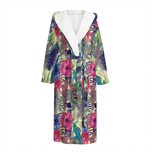 Vintage Watercolor Feather Print Hooded Bathrobe