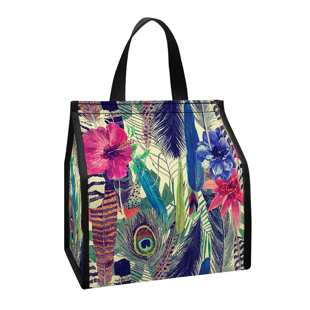 Vintage Watercolor Feather Print Insulated Lunch Tote