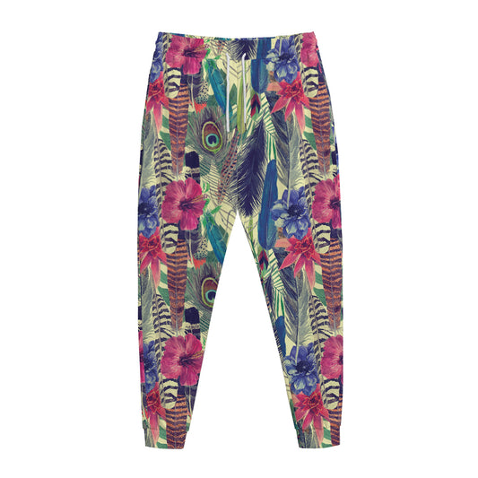 Vintage Watercolor Feather Print Jogger Pants