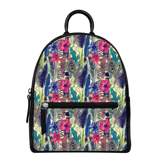 Vintage Watercolor Feather Print Leather Backpack