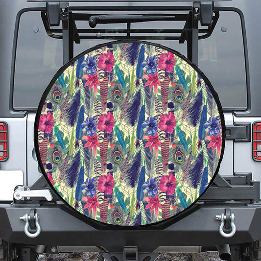 Vintage Watercolor Feather Print Leather Spare Tire Cover