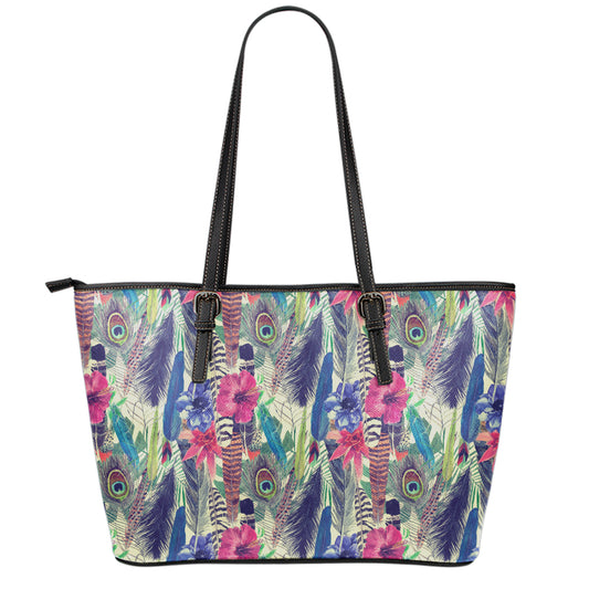 Vintage Watercolor Feather Print Leather Tote Bag