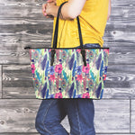 Vintage Watercolor Feather Print Leather Tote Bag