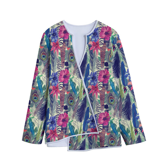 Vintage Watercolor Feather Print Long Sleeve Short Coat