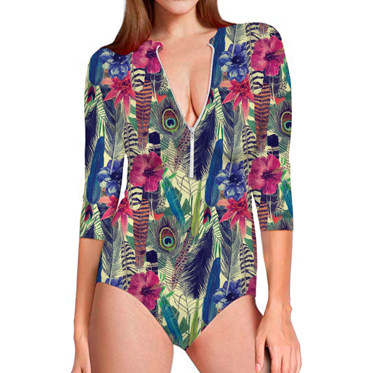 Vintage Watercolor Feather Print Long Sleeve Swimsuit