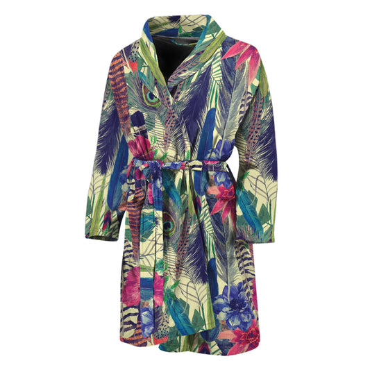 Vintage Watercolor Feather Print Men's Bathrobe
