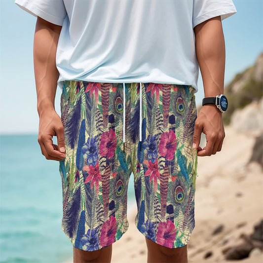 Vintage Watercolor Feather Print Men's Cargo Shorts