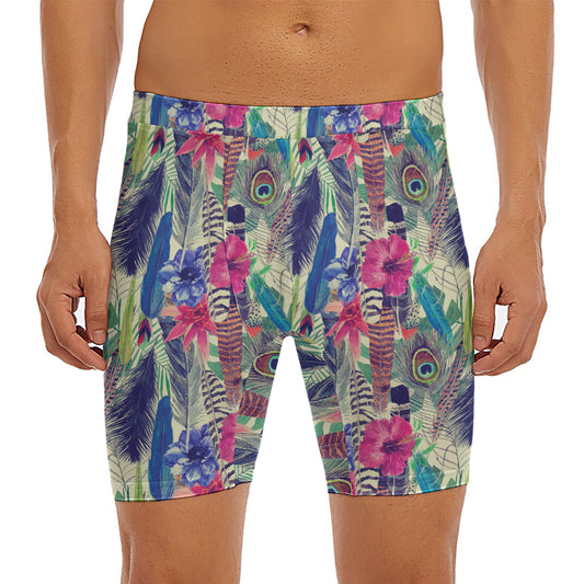 Vintage Watercolor Feather Print Men's Long Boxer Briefs