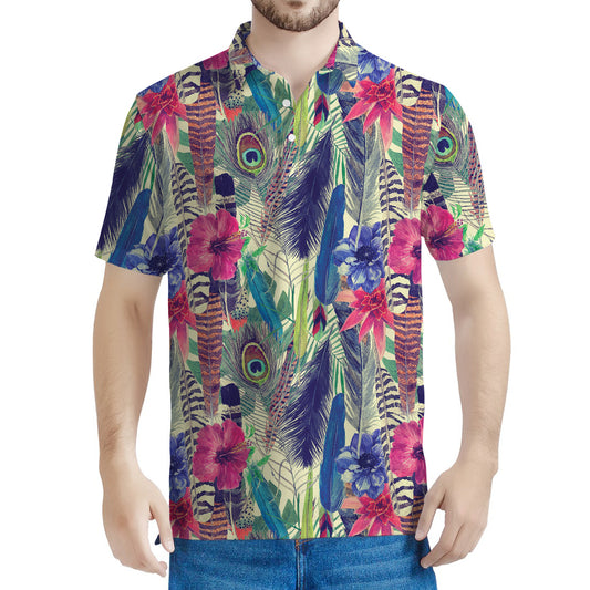 Vintage Watercolor Feather Print Men's Polo Shirt