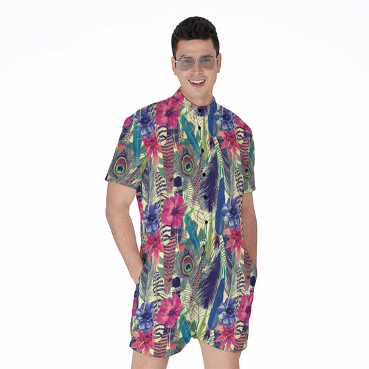 Vintage Watercolor Feather Print Men's Rompers