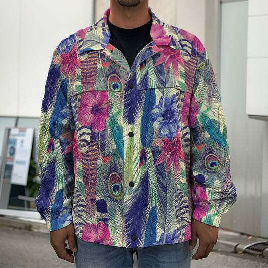 Vintage Watercolor Feather Print Men's Shirt Jacket