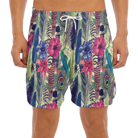 Vintage Watercolor Feather Print Men's Split Running Shorts