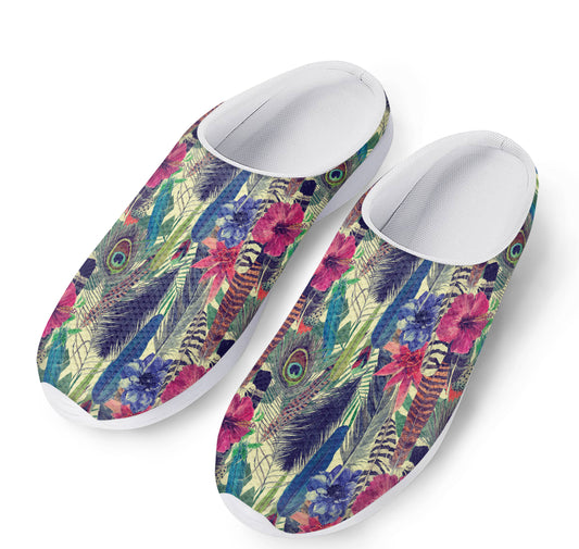 Vintage Watercolor Feather Print Mesh Casual Shoes