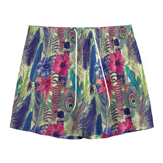 Vintage Watercolor Feather Print Mesh Shorts