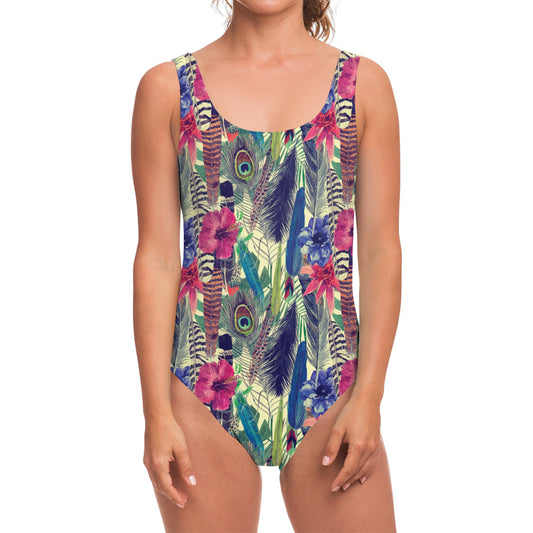 Vintage Watercolor Feather Print One Piece Swimsuit