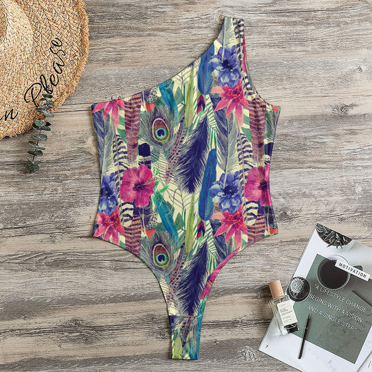 Vintage Watercolor Feather Print One Shoulder Bodysuit